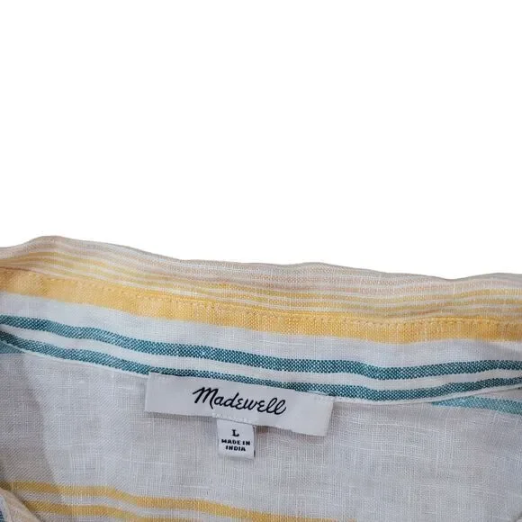 Madewell Pineapple Stripe Linen Short Sleeve Button Up Tie Front Top Size L - Picture 4 of 6